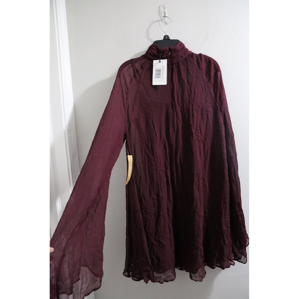 o.p.t. Quinn Burgundy High Neck Bell Sleeve Crinkle Mini Dress XS NEW